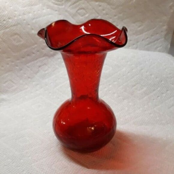 Vintage Red Rainbow Glass Bud Vase Ruffled Rim Crackle  5" x 3" - Picture 2 of 4